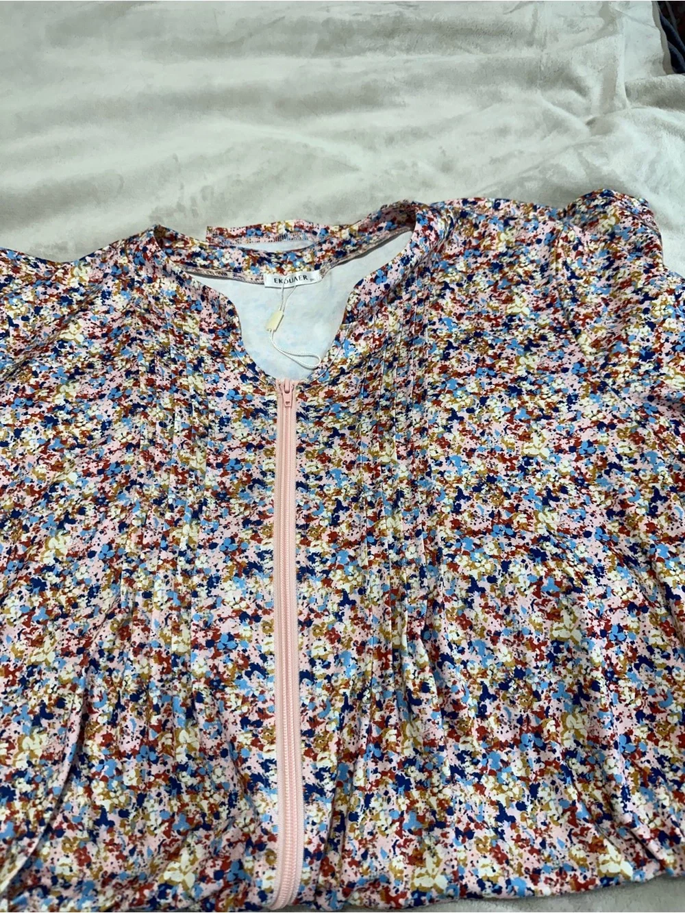 Floral Print Zip-Front Bomber House Dress  in Pink Mix